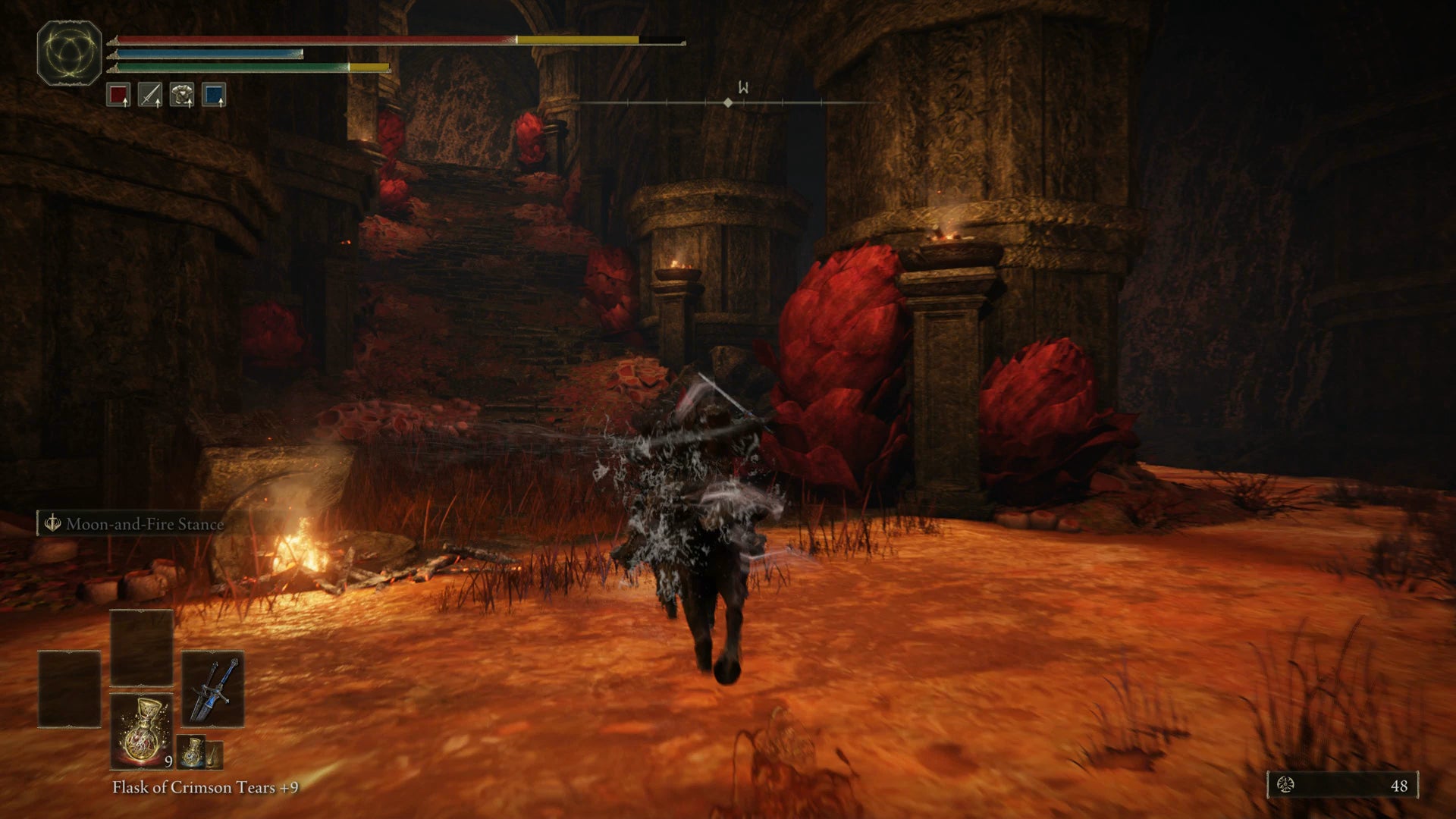 The Tarnished riding through a pool of scarlet rot in the Ancient Ruins of Rauh in Elden Ring Shadow of the Erdtree. - 18