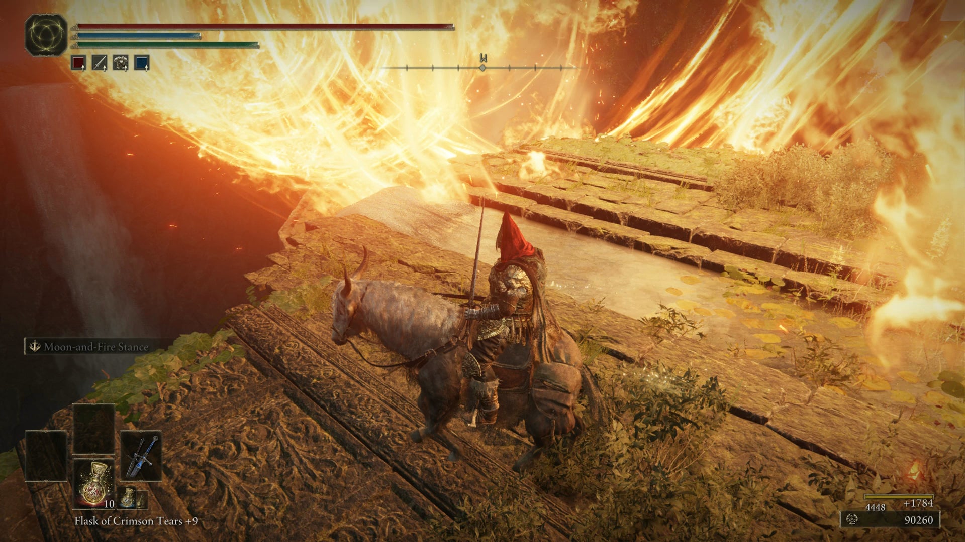 The Tarnished avoiding a fiery blast from a Furnace Golem in the Ancient Ruins of Rauh in Elden Ring Shadow of the Erdtree. - 11