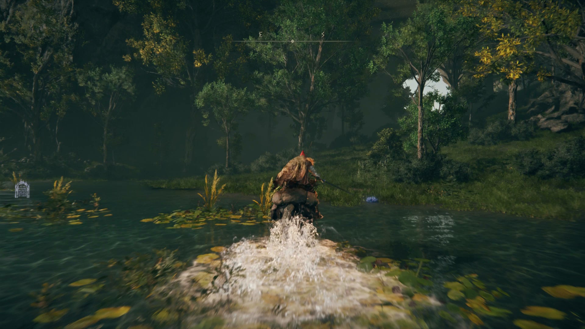 The Tarnished riding through a flooded clearing in the Ancient Ruins of Rauh in Elden Ring Shadow of the Erdtree. - 12