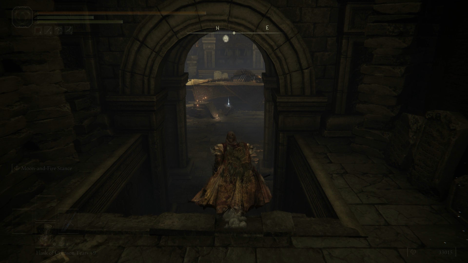 The Tarnished walking down a flight of stairs towards Sir Ansbach in Elden Ring Shadow of the Erdtree. - 8