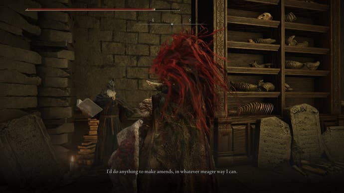 A warrior speaks with Ansbach in a library in Elden Ring Shadow of the Erdtree.