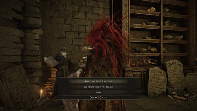 A warrior speaks with Ansbach in Elden Ring Shadow of the Erdtree, and there are three dialogue options to choose from related to Ansbach’s questline.