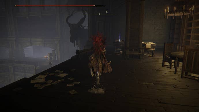 A warrior approaches a table with the Secret Rite Scroll located on it in Elden Ring Shadow of the Erdtree.