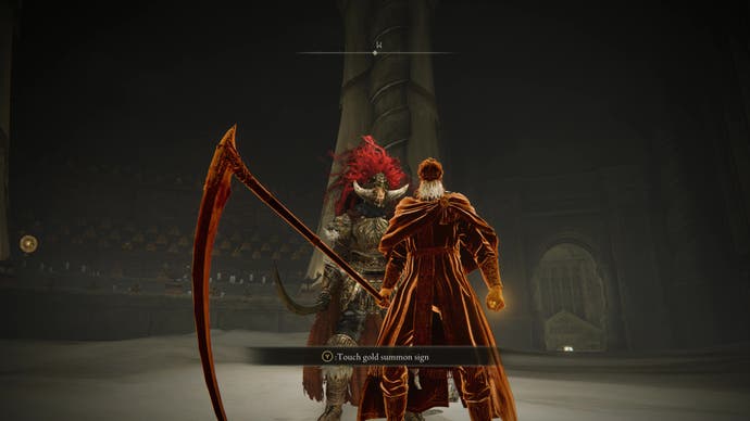 A warrior stands behind Ansbach's summoning sign in Enir Ilim in Elden Ring Shadow of the Erdtree.