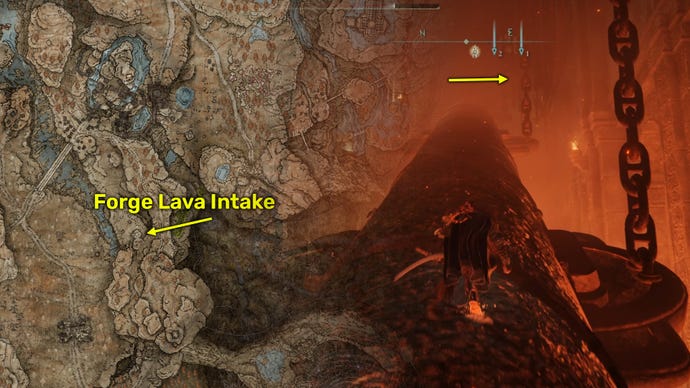 Elden Ring: Shadow Of The Erdtree screenshot of the Anvil Hammer location in-game (right) and on the map (left).