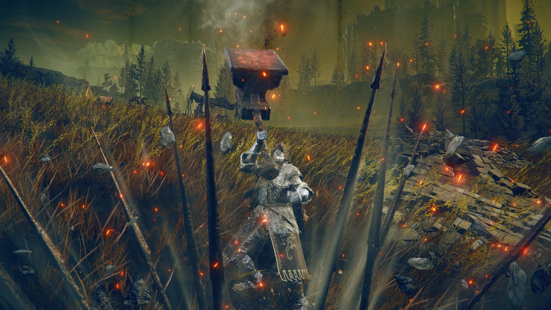 Elden Ring: Shadow Of The Erdtree screenshot of the Tarnished using the Anvil Hammer Weapon Skill near the Moorth Ruins. - 7