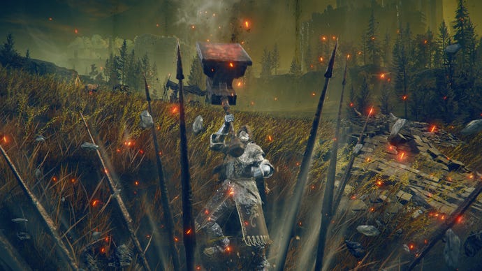 Elden Ring: Shadow Of The Erdtree screenshot of the Tarnished using the Anvil Hammer Weapon Skill near the Moorth Ruins.