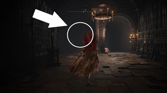 A white arrow points to a white circle on a wall location inside the Shadow Keep in Elden Ring Shadow of the Erdtree.