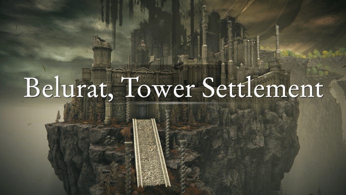An establishing shot of the region of Belurat, Tower Settlement in Elden Ring: Shadow Of The Erdtree, with the region's name emblazoned across the screenshot.