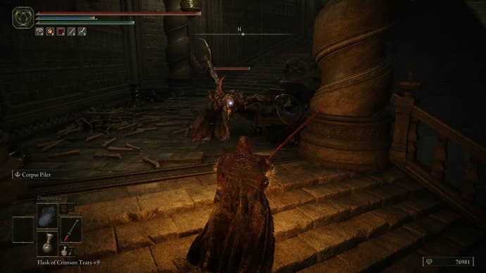 The Tarnished facing off against a Horned Dancer in Belurat in Elden Ring Shadow of the Erdtree.