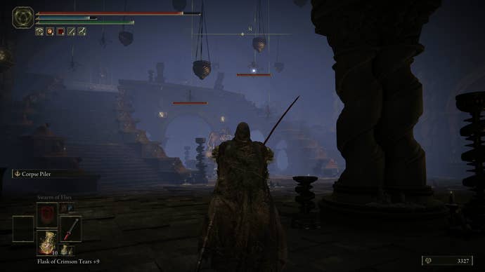 The Tarnished fighting spider-scorpions hanging from the ceiling of Belurat in Elden Ring Shadow of the Erdtree.