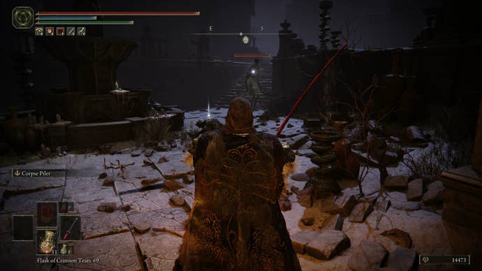 The Tarnished targeting a large shadow warrior in Belurat in Elden Ring Shadow of the Erdtree.