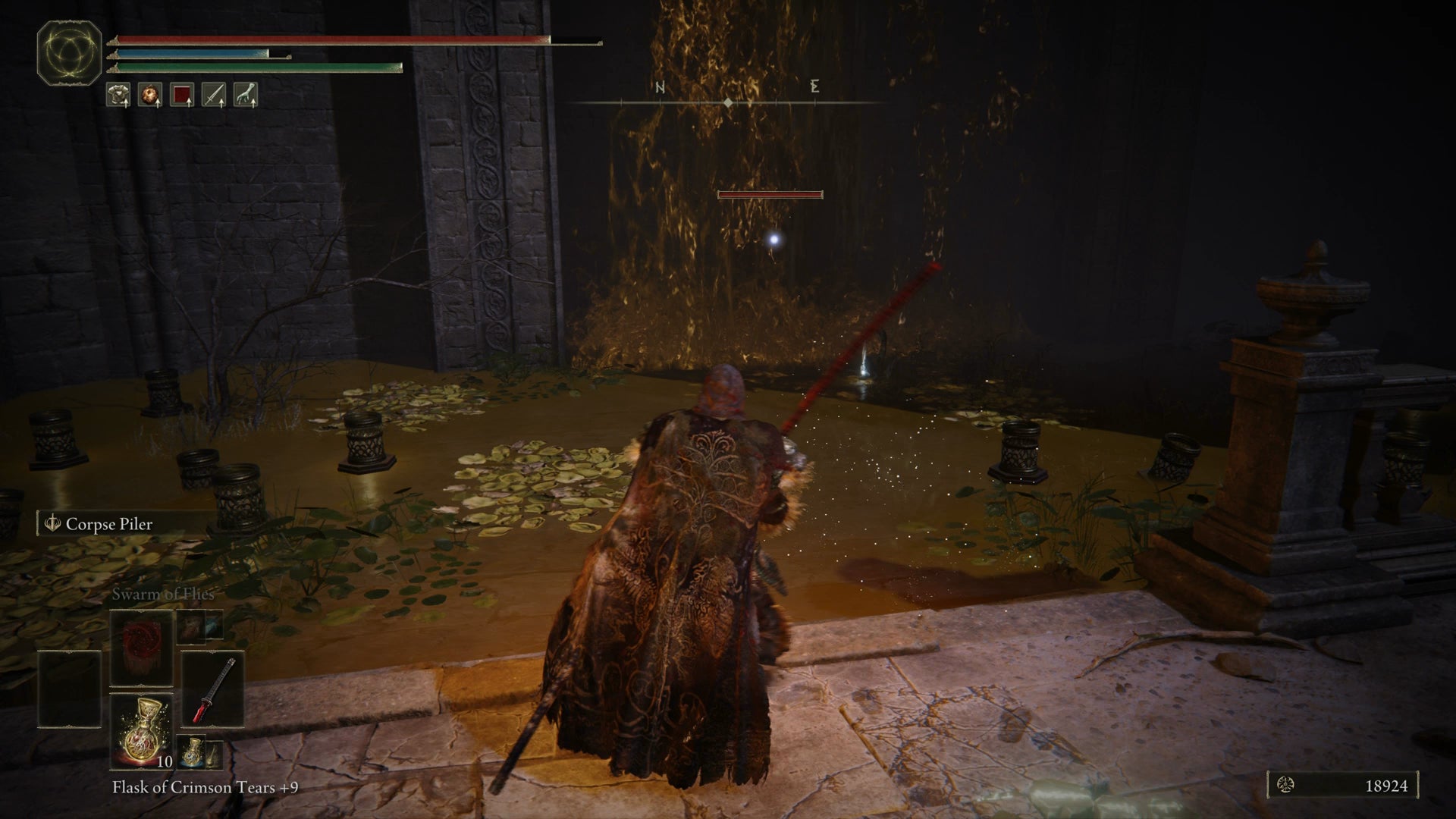 The Tarnished targeting a large shadow warrior hiding behind a waterfall in Belurat in Elden Ring Shadow of the Erdtree. - 6