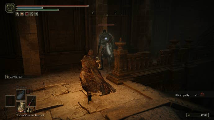 The Tarnished rushing around a corner to engage a large shadow warrior in Belurat in Elden Ring Shadow of the Erdtree.