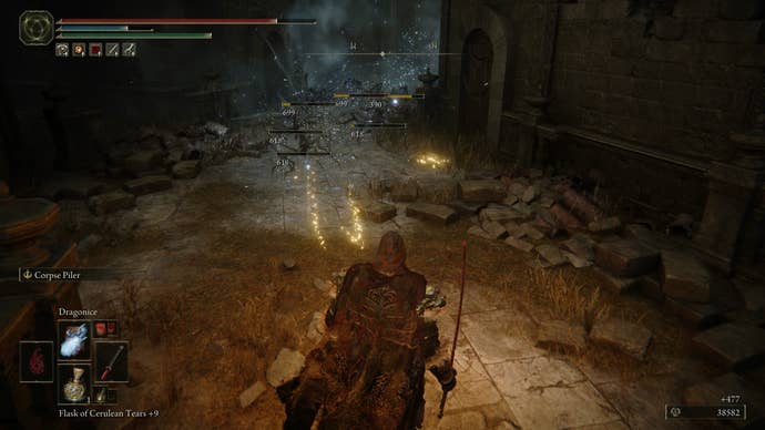 The Tarnished fighting an onrushing swarm of spider-scorpions in Belurat in Elden Ring Shadow of the Erdtree.