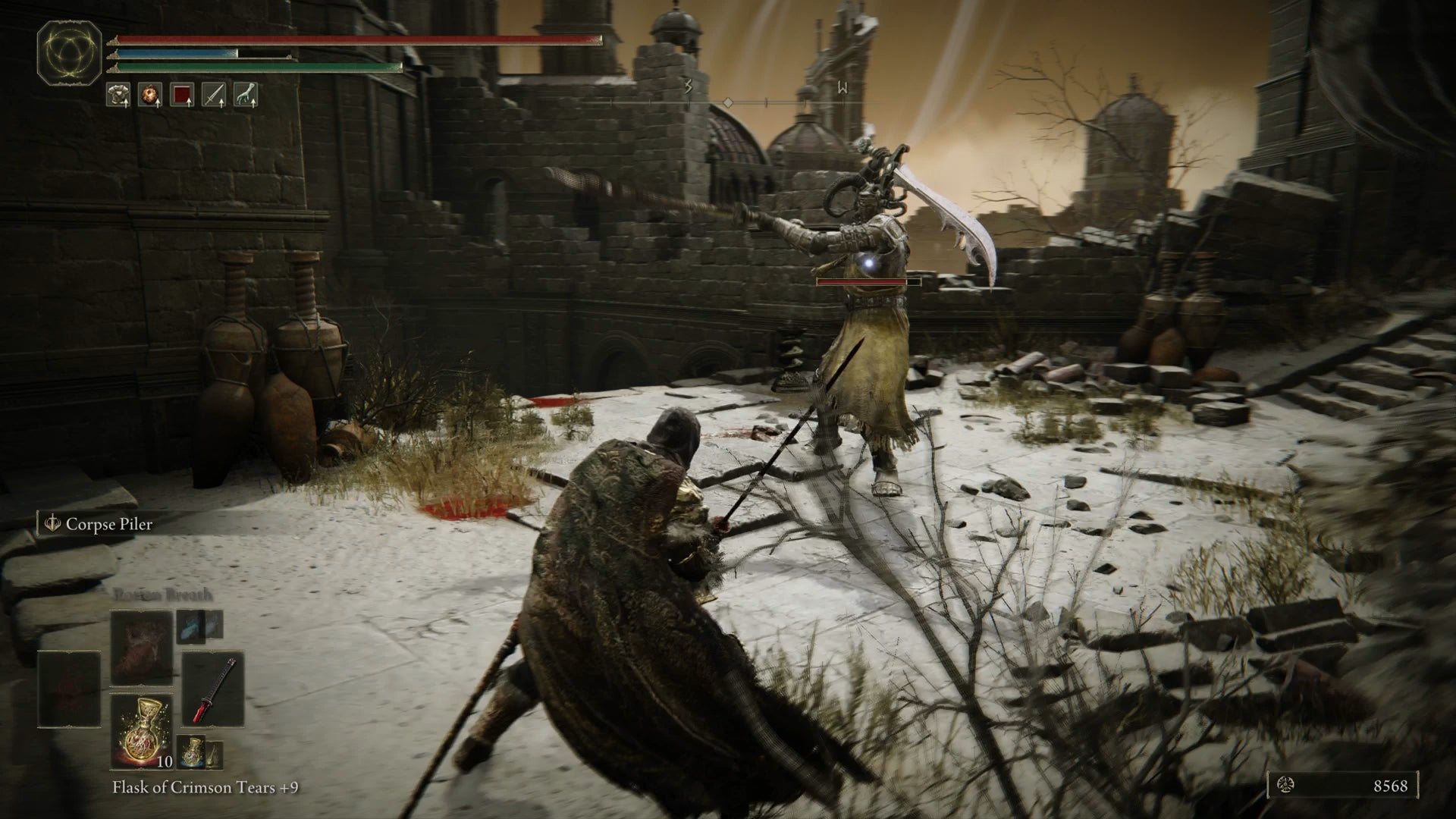 The Tarnished facing off against a dual sword-wielding Horned Knight in Belurat in Elden Ring Shadow of the Erdtree. - 1