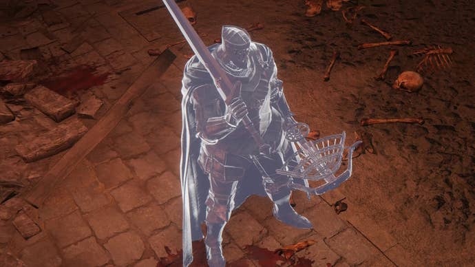 The ghostly apparition of the Blackgaol Knight in Shadow of the Erdtree.