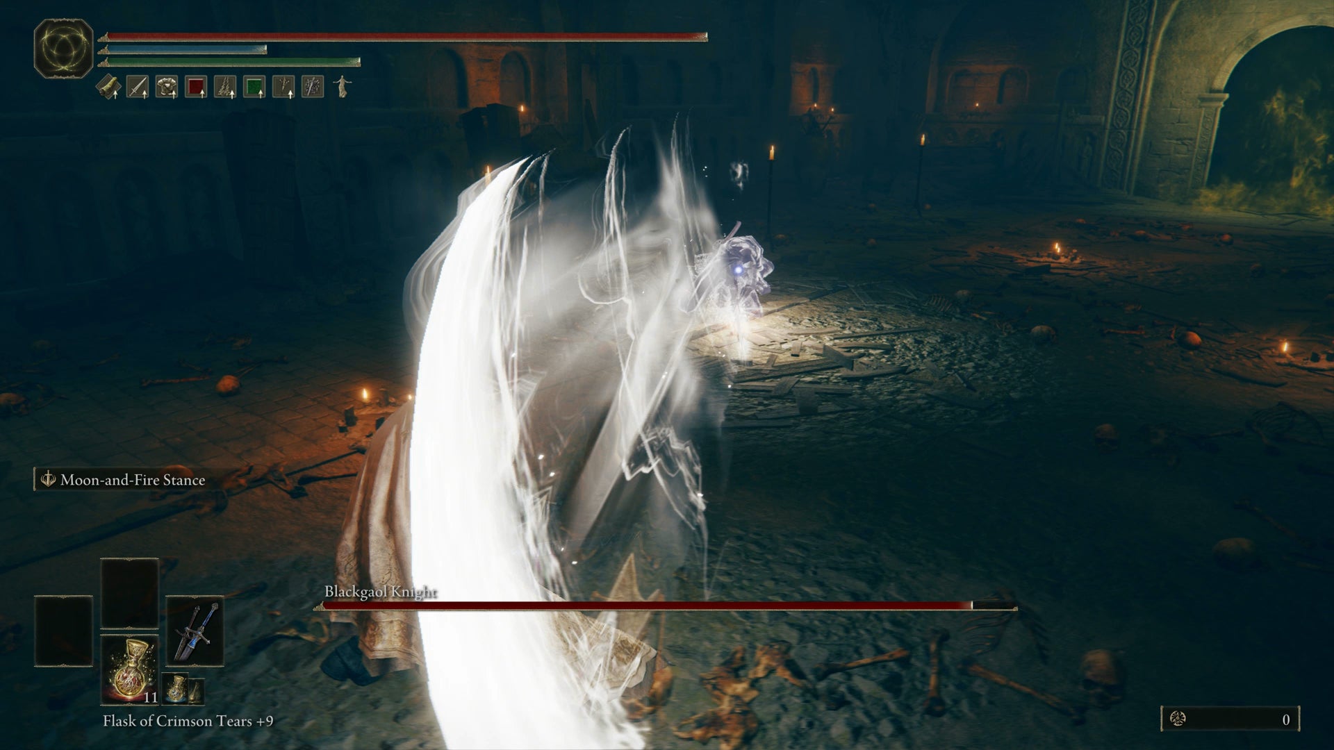 The Tarnished dodging an Ash of War cast by the Blackgaol Knight in Elden Ring Shadow of the Erdtree. - 6