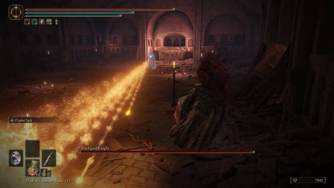 A warrior dodges fire arrows from the Blackgaol Knight in Shadow of the Erdtree