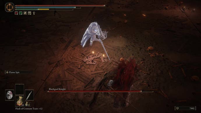 A warrior dodges an attack from the Blackgaol Knight in Shadow of the Erdtree.