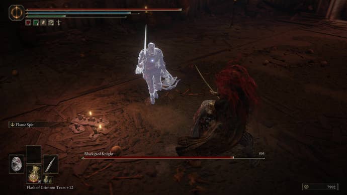 A warrior runs away from the Blackgaol Knight in Shadow of the Erdtree.