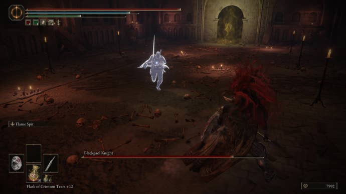 A warrior approaches the Blackgaol Knight in Shadow of the Erdtree.