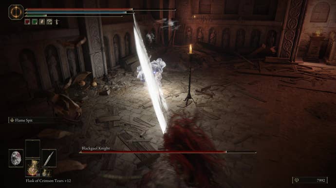 A warrior dodges a large sword slash from the Blackgaol Knight in Shadow of the Erdtree.