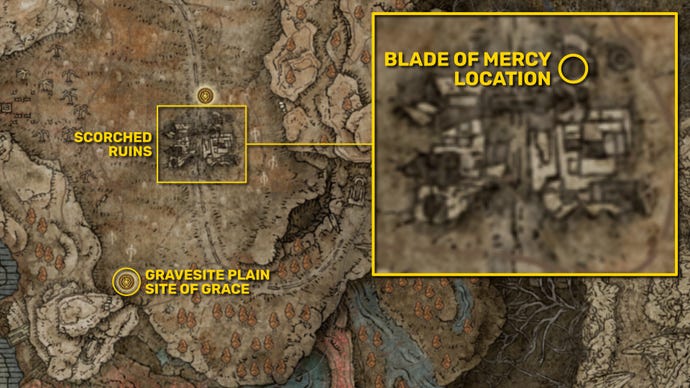 Parte del mapa de Gravesite Plain en Elden Ring: Shadow Of The Erdtree, con la ubicación del Blade Of Mercy Talisman resaltada y ampliada.