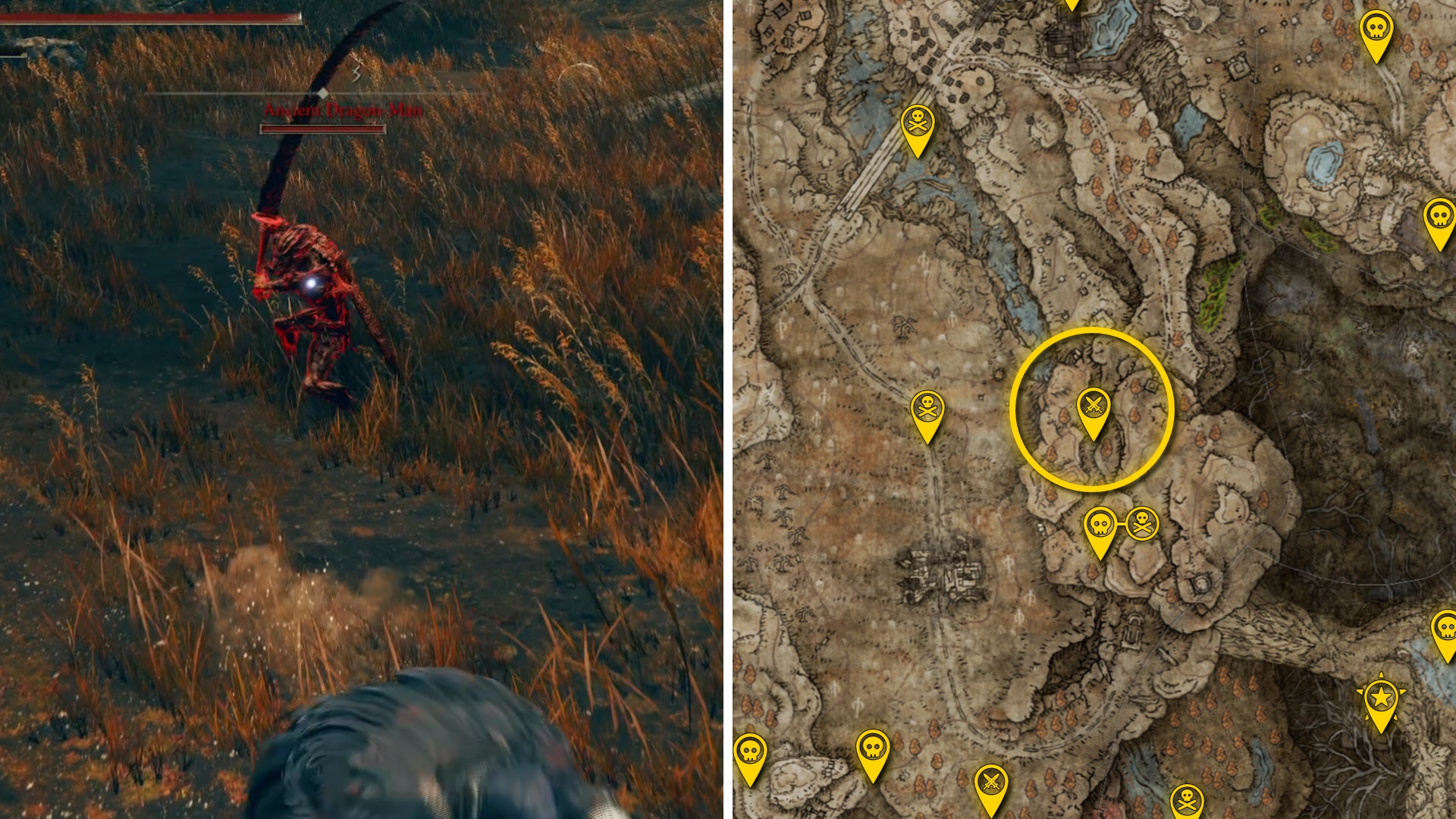 Two Elden Ring: Shadow Of The Erdtree screenshots side by side. Left: a screenshot of the player fighting the Ancient Dragon-Man invasion boss. Right: the location of that boss on the map. - 11