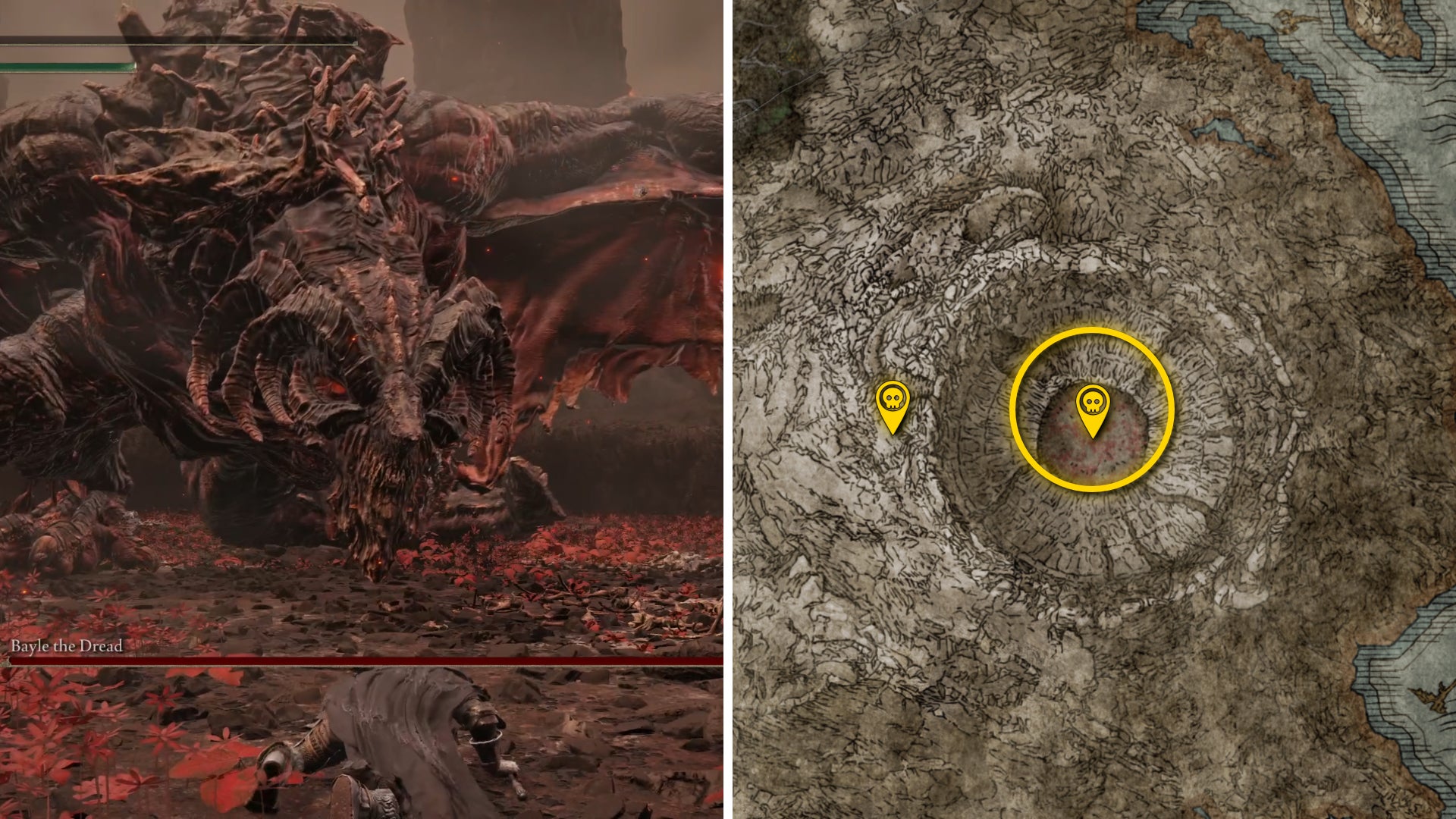 Two Elden Ring: Shadow Of The Erdtree screenshots side by side. Left: a screenshot of the player fighting the Bayle The Dread boss. Right: the location of that boss on the map. - 47