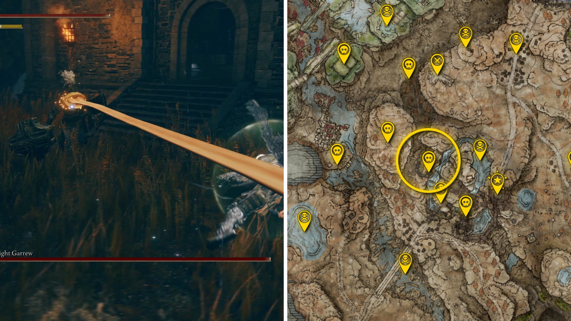 Two Elden Ring: Shadow Of The Erdtree screenshots side by side. Left: a screenshot of the player fighting the Black Knight Garrew boss. Right: the location of that boss on the map. - 29