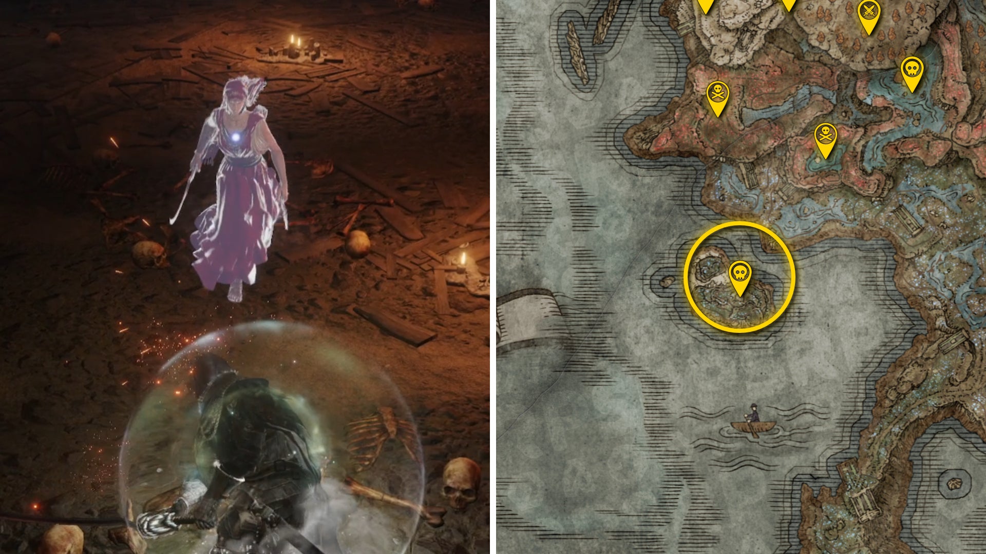 Two Elden Ring: Shadow Of The Erdtree screenshots side by side. Left: a screenshot of the player fighting the Dancer Of Ranah boss. Right: the location of that boss on the map. - 51