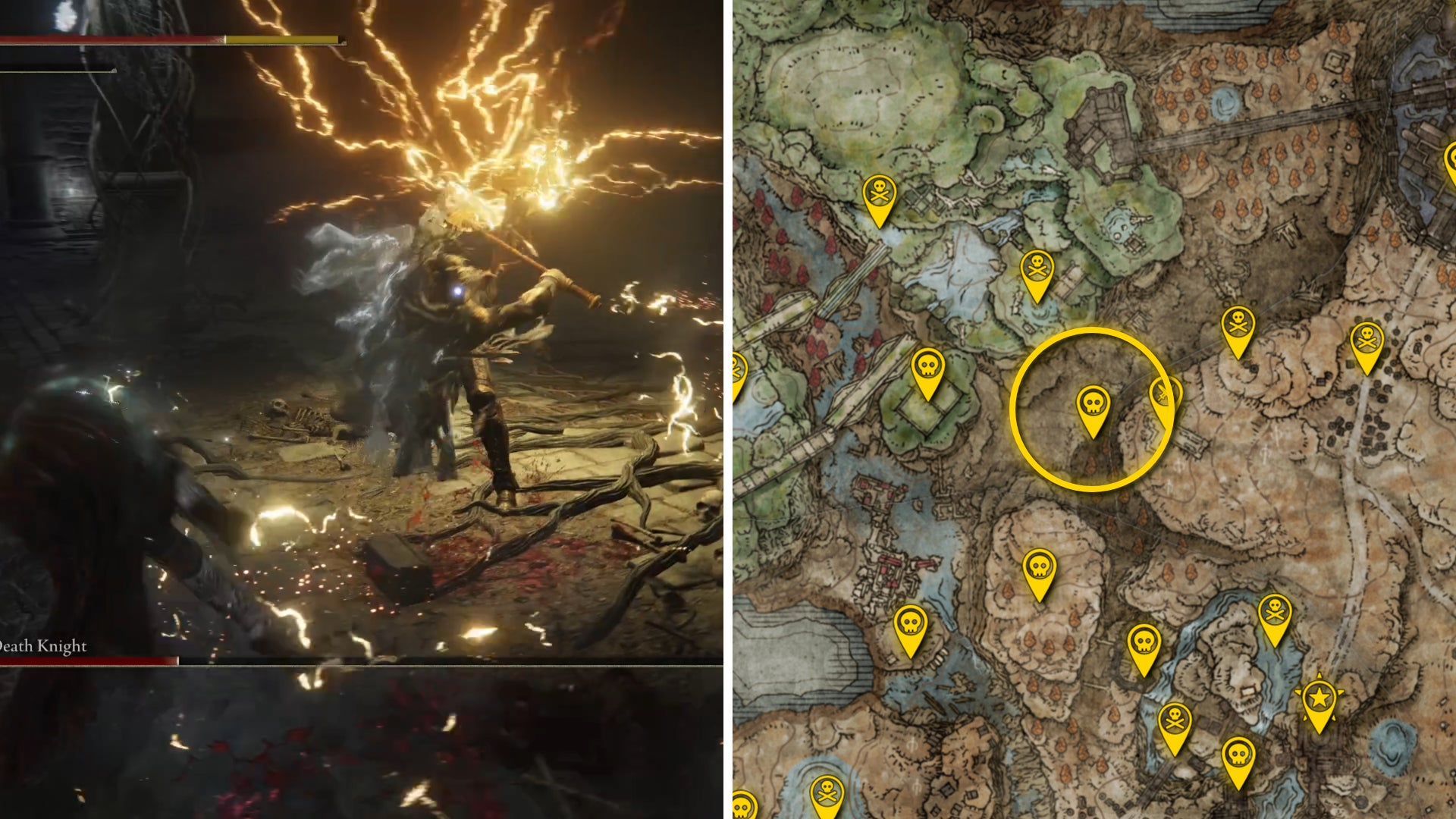 Two Elden Ring: Shadow Of The Erdtree screenshots side by side. Left: a screenshot of the player fighting the Death Knight boss. Right: the location of that boss on the map. - 14