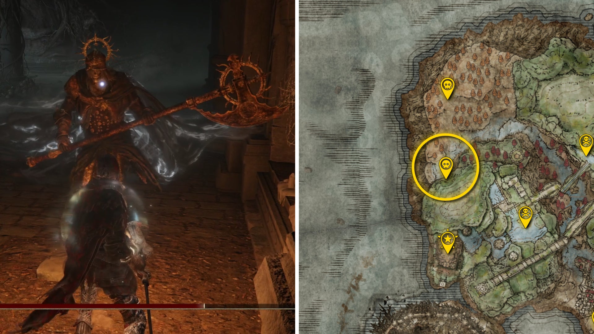 Two Elden Ring: Shadow Of The Erdtree screenshots side by side. Left: a screenshot of the player fighting the Death Knight boss. Right: the location of that boss on the map. - 92