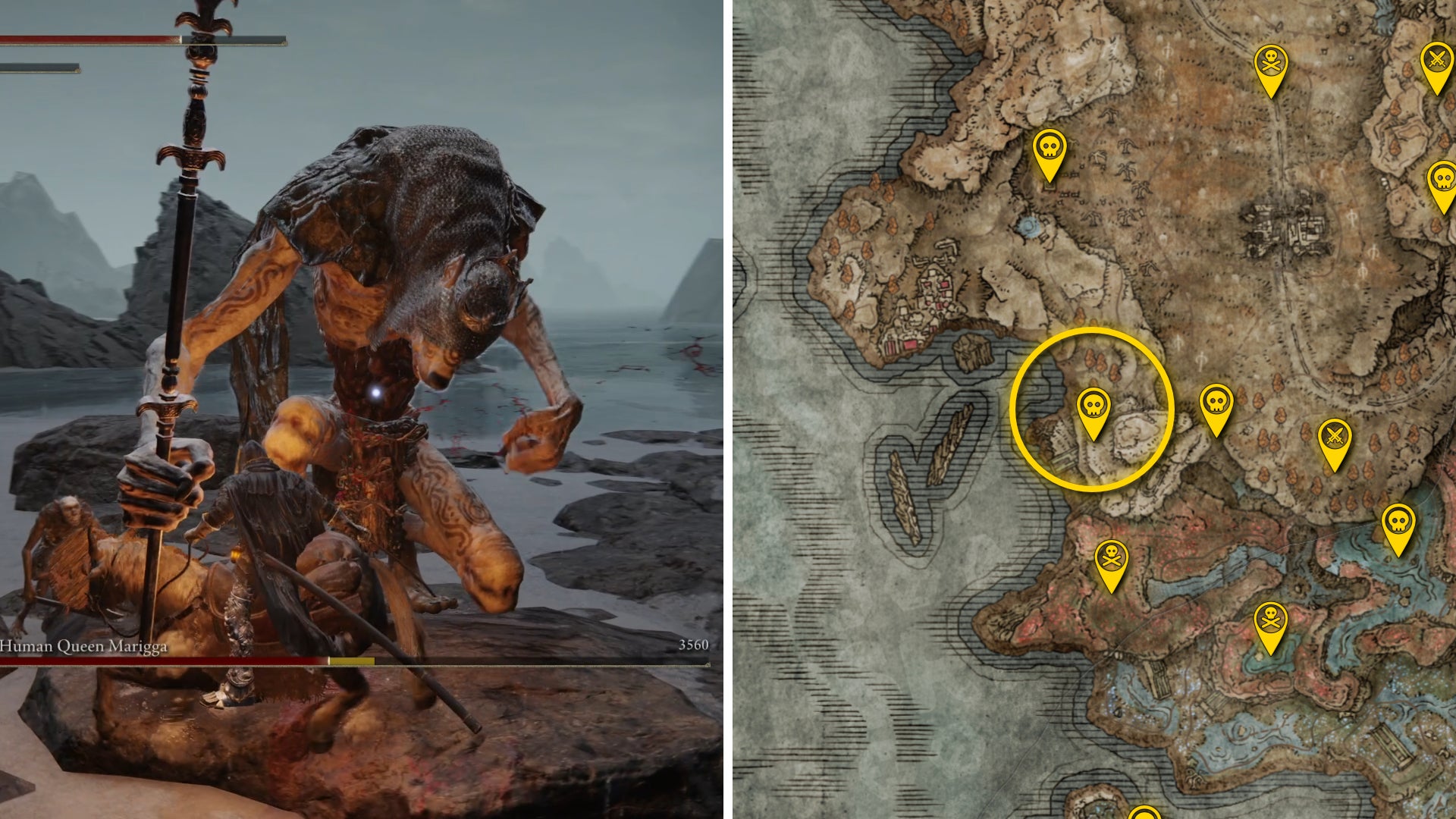 Two Elden Ring: Shadow Of The Erdtree screenshots side by side. Left: a screenshot of the player fighting the Demi-Human Queen Marigga boss. Right: the location of that boss on the map. - 49