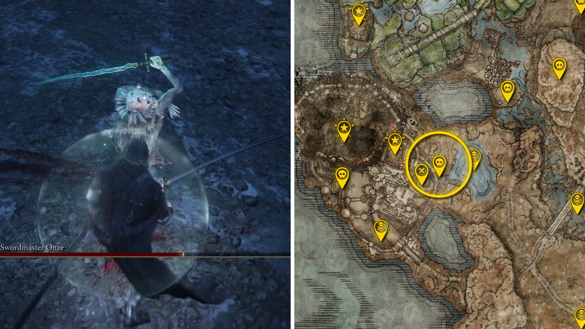 Two Elden Ring: Shadow Of The Erdtree screenshots side by side. Left: a screenshot of the player fighting the Demi-Human Swordmaster Onze boss. Right: the location of that boss on the map. - 10