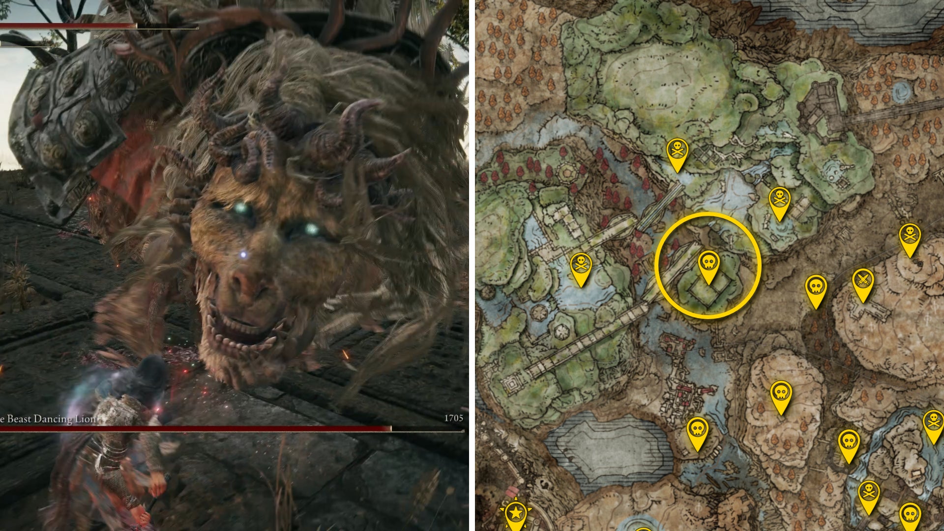 Two Elden Ring: Shadow Of The Erdtree screenshots side by side. Left: a screenshot of the player fighting the Divine Beast Dancing Lion boss. Right: the location of that boss on the map. - 97