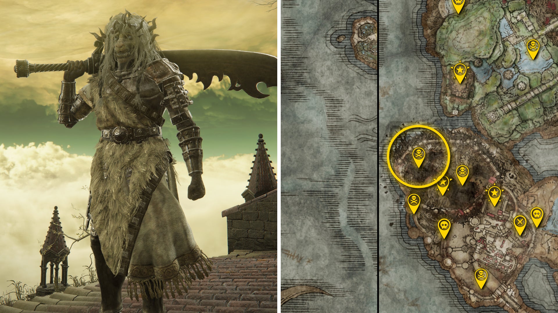Two Elden Ring: Shadow Of The Erdtree screenshots side by side. Left: a screenshot of the player fighting the Divine Beast Warrior Of Frost boss. Right: the location of that boss on the map. - 101