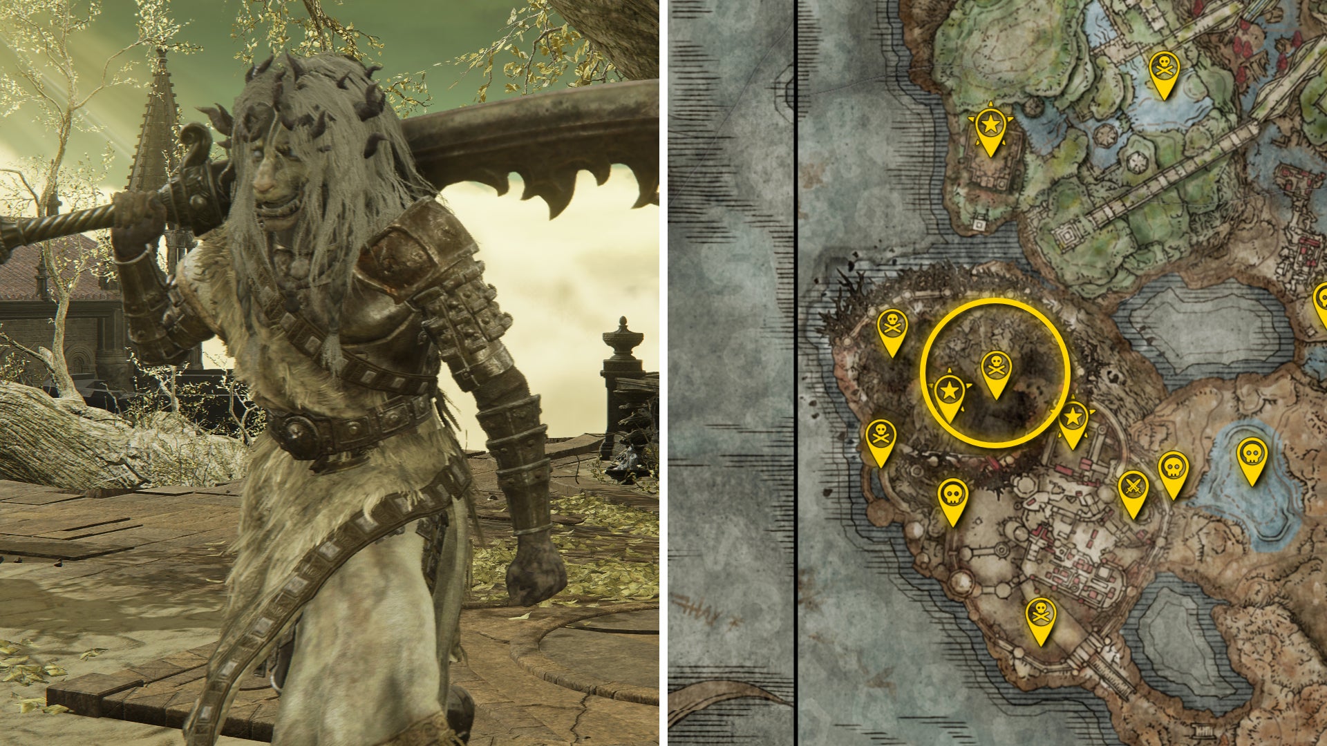 Two Elden Ring: Shadow Of The Erdtree screenshots side by side. Left: a screenshot of the player fighting the Divine Beast Warrior Of Lightning boss. Right: the location of that boss on the map. - 100