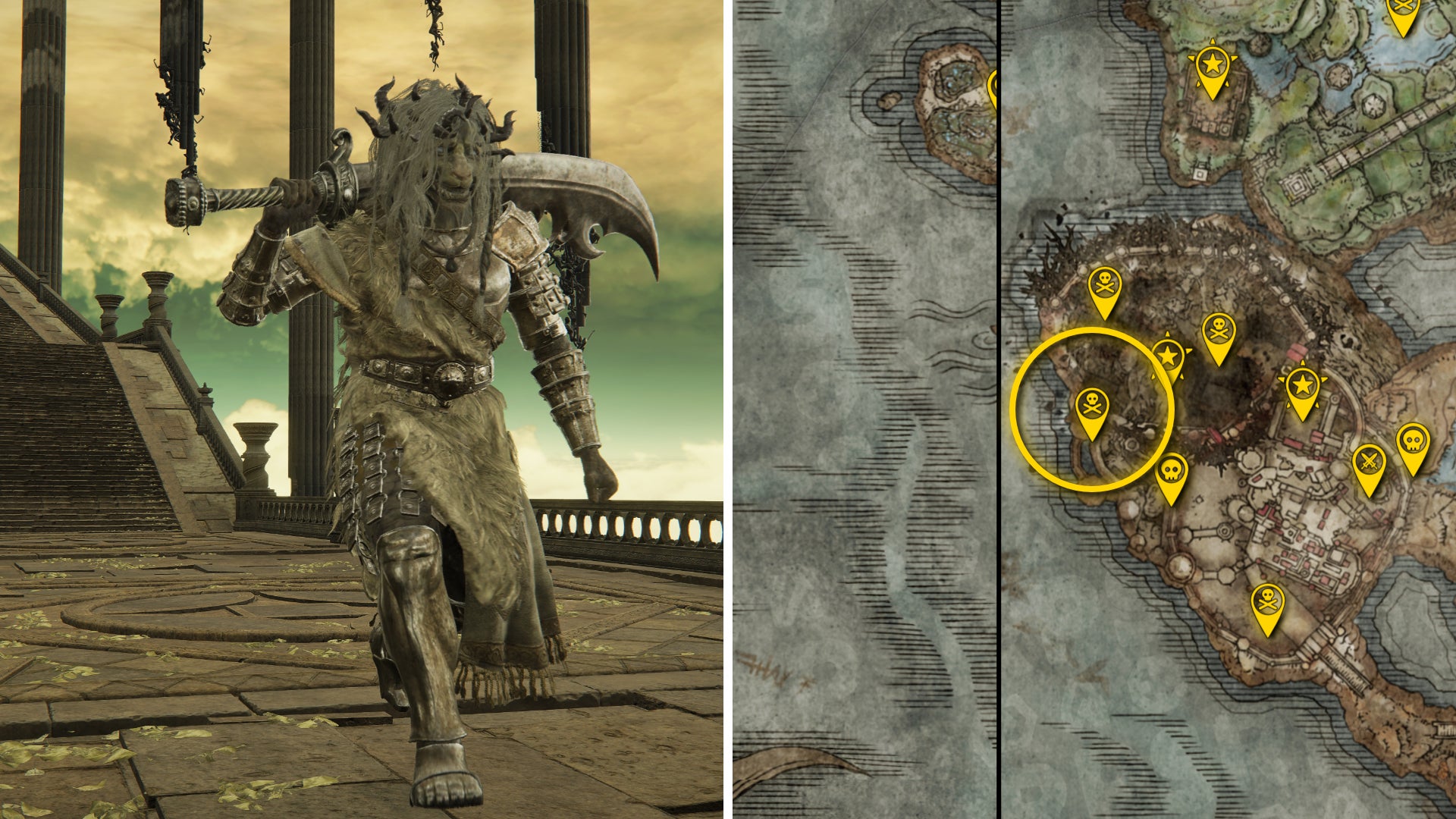 Two Elden Ring: Shadow Of The Erdtree screenshots side by side. Left: a screenshot of the player fighting the Divine Beast Warrior Of Wind boss. Right: the location of that boss on the map. - 102