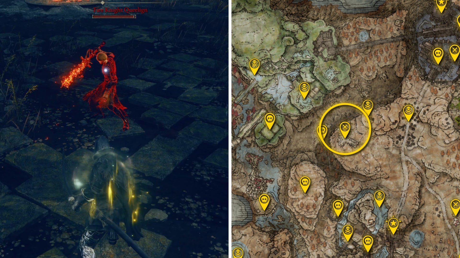 Two Elden Ring: Shadow Of The Erdtree screenshots side by side. Left: a screenshot of the player fighting the Fire Knight Queelign boss. Right: the location of that boss on the map. - 30