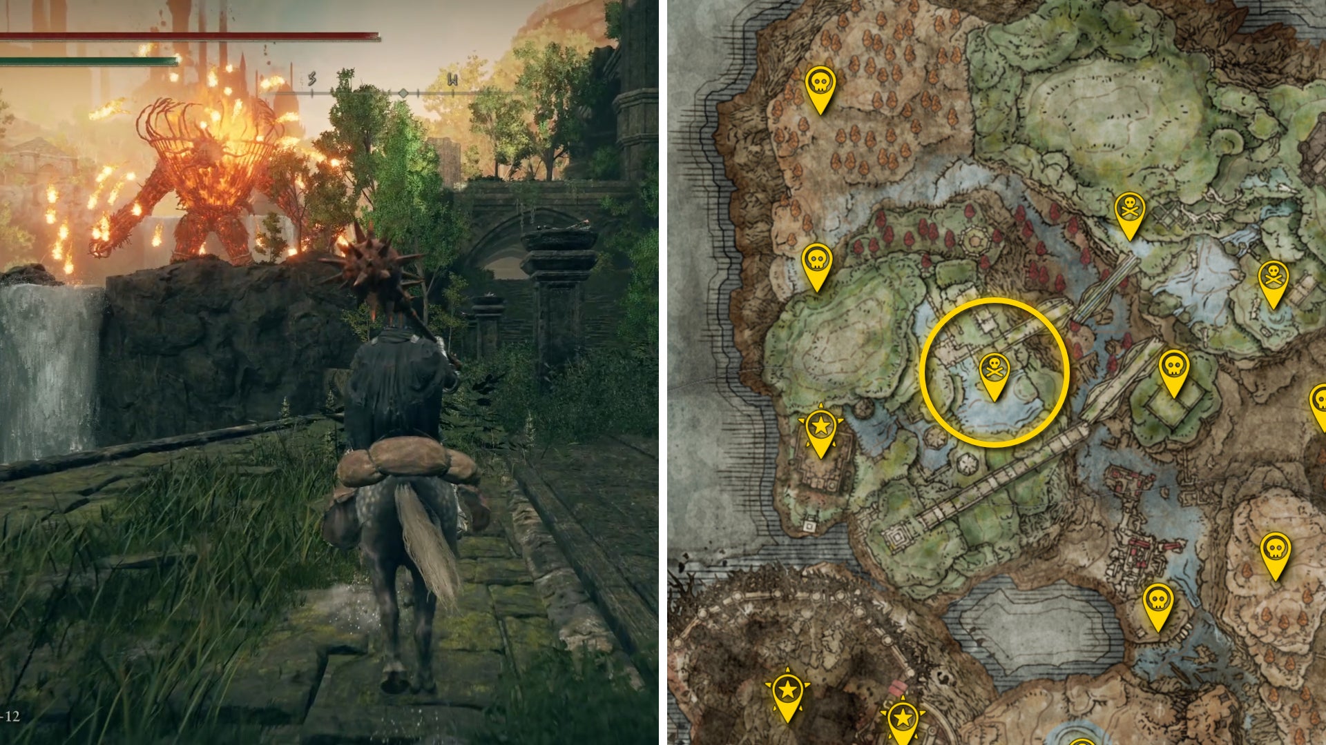 Two Elden Ring: Shadow Of The Erdtree screenshots side by side. Left: a screenshot of the player fighting the Furnace Golem boss. Right: the location of that boss on the map. - 96