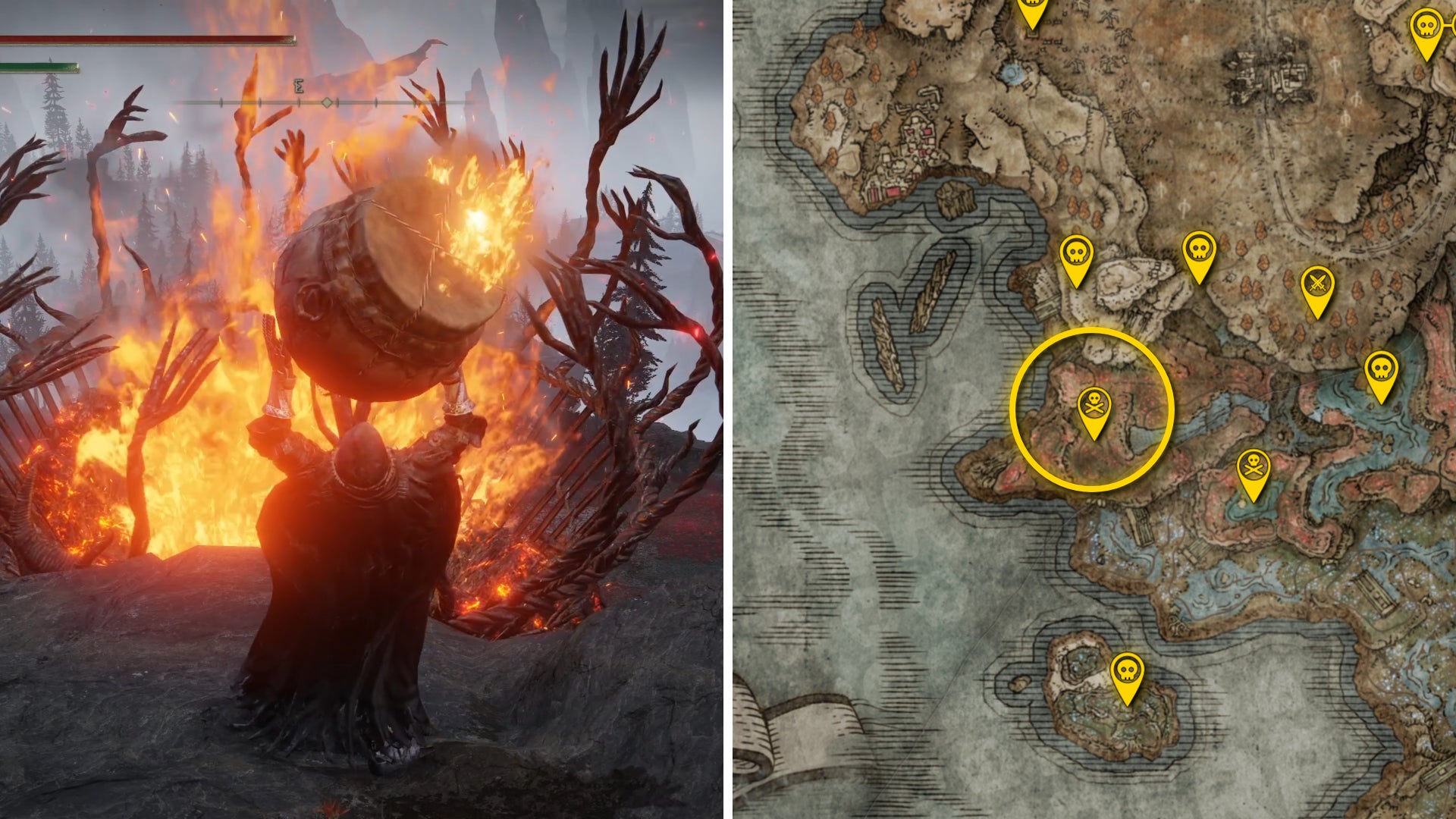 Two Elden Ring: Shadow Of The Erdtree screenshots side by side. Left: a screenshot of the player fighting the Furnace Golem boss. Right: the location of that boss on the map. - 60