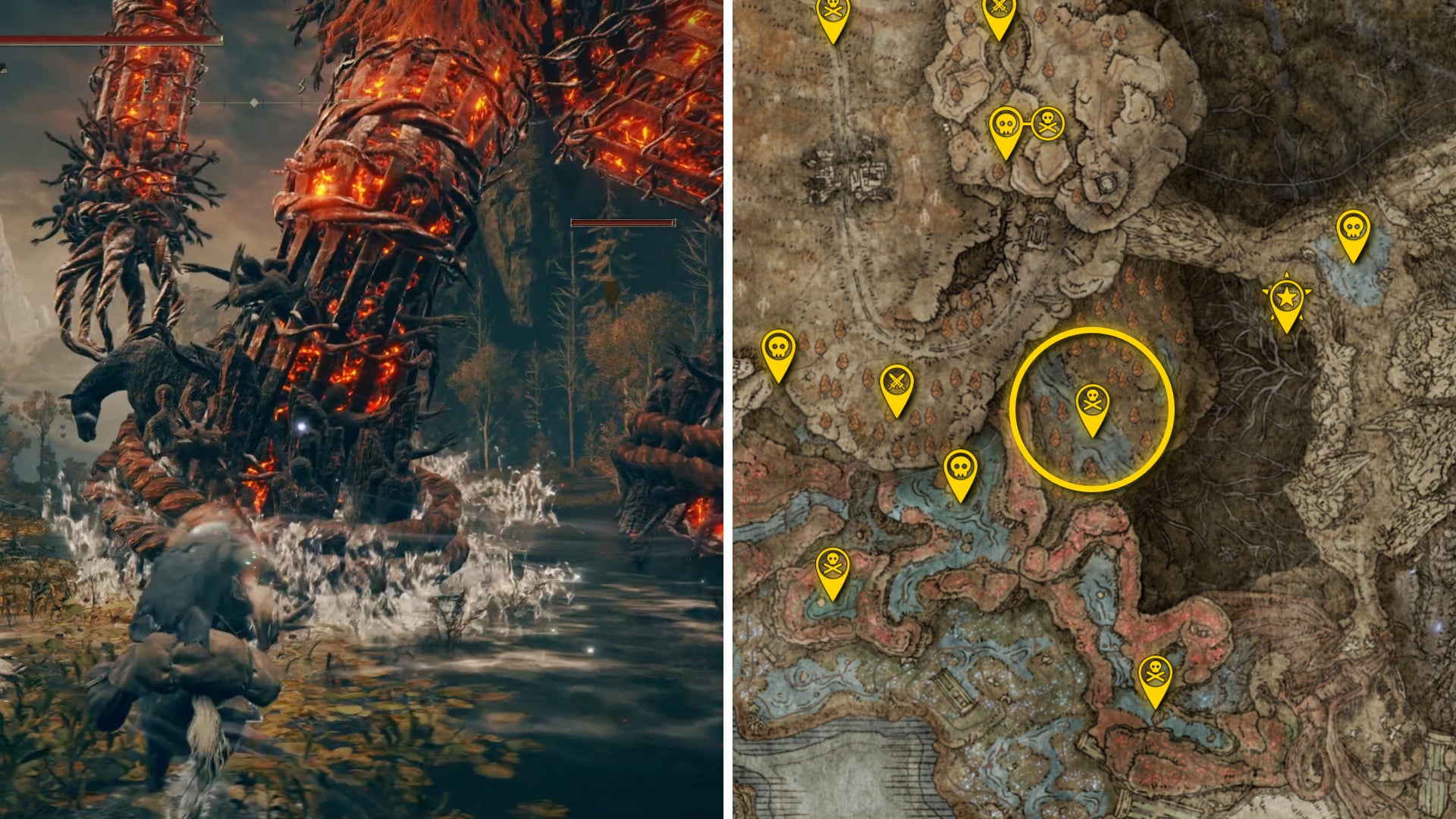 Two Elden Ring: Shadow Of The Erdtree screenshots side by side. Left: a screenshot of the player fighting the Furnace Golem boss. Right: the location of that boss on the map. - 17