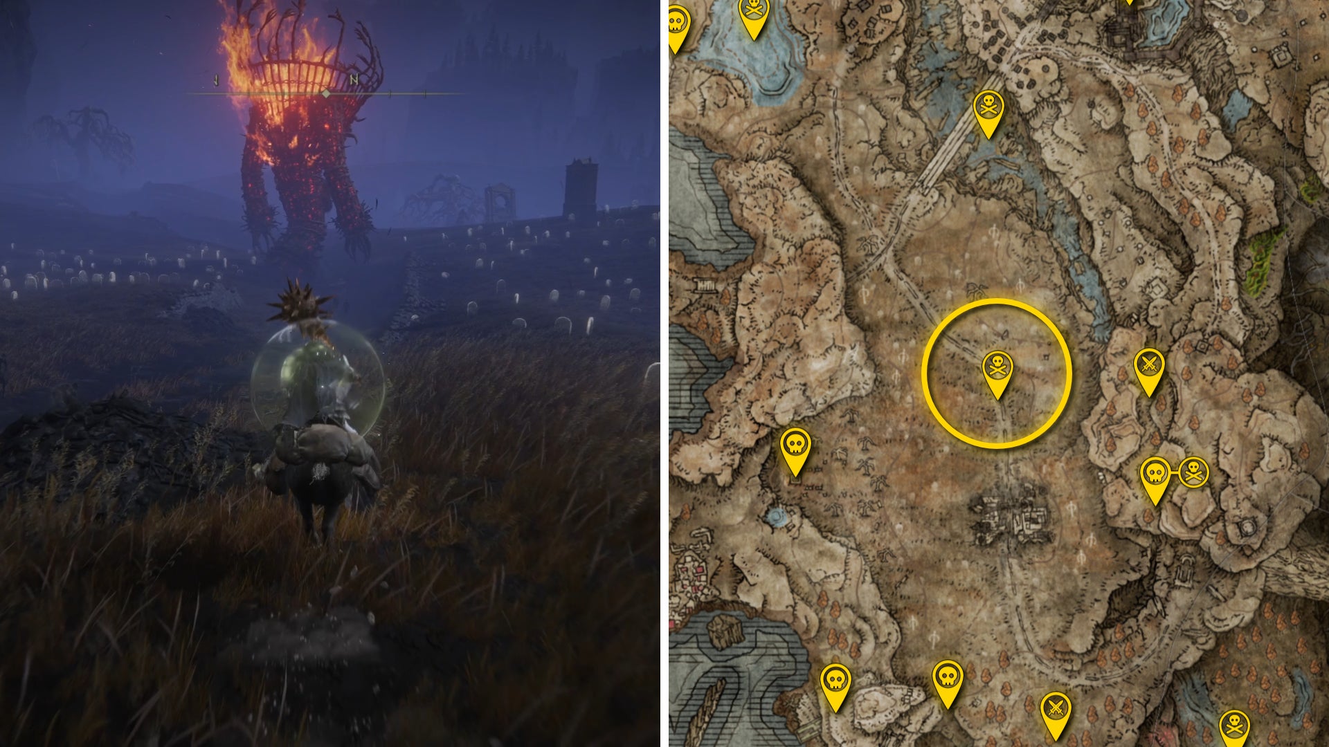 Two Elden Ring: Shadow Of The Erdtree screenshots side by side. Left: a screenshot of the player fighting the Furnace Golem boss. Right: the location of that boss on the map. - 8