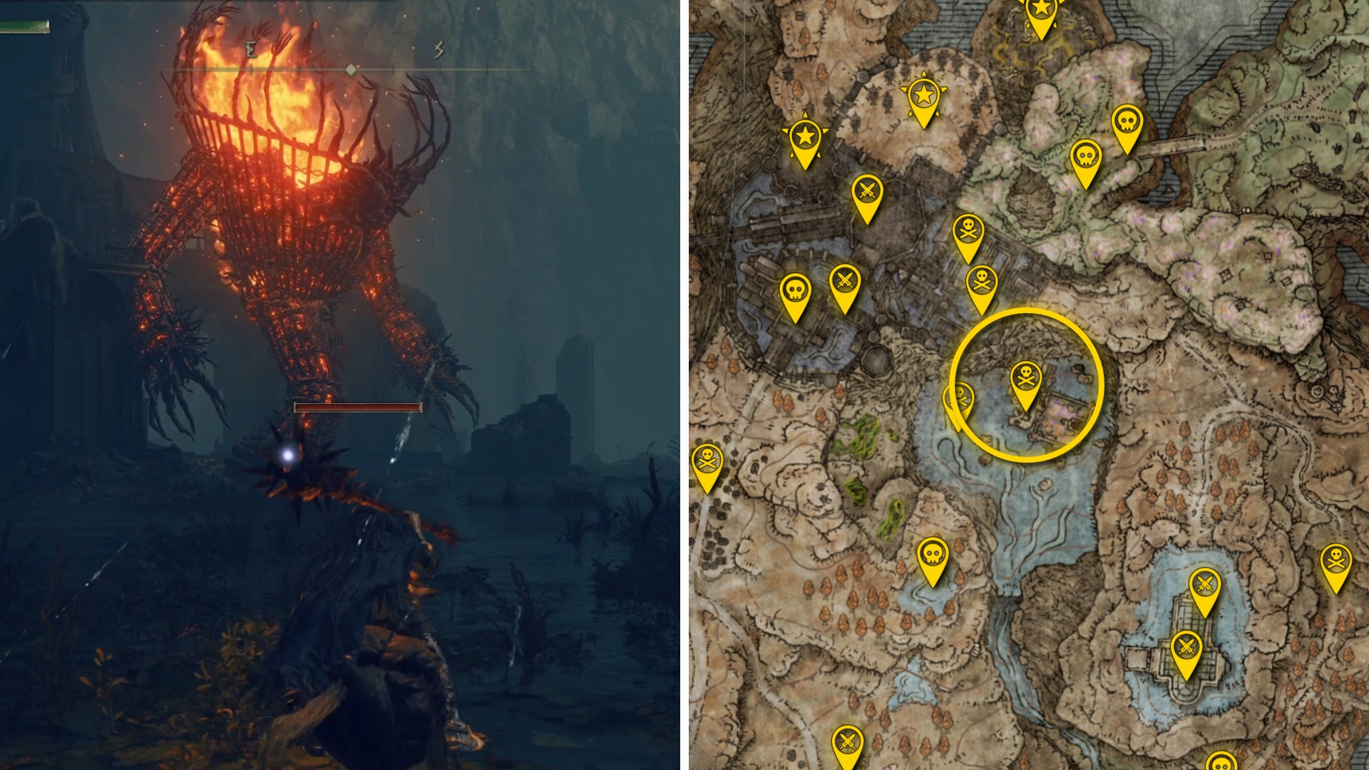 Two Elden Ring: Shadow Of The Erdtree screenshots side by side. Left: a screenshot of the player fighting the Furnace Golem boss. Right: the location of that boss on the map. - 81
