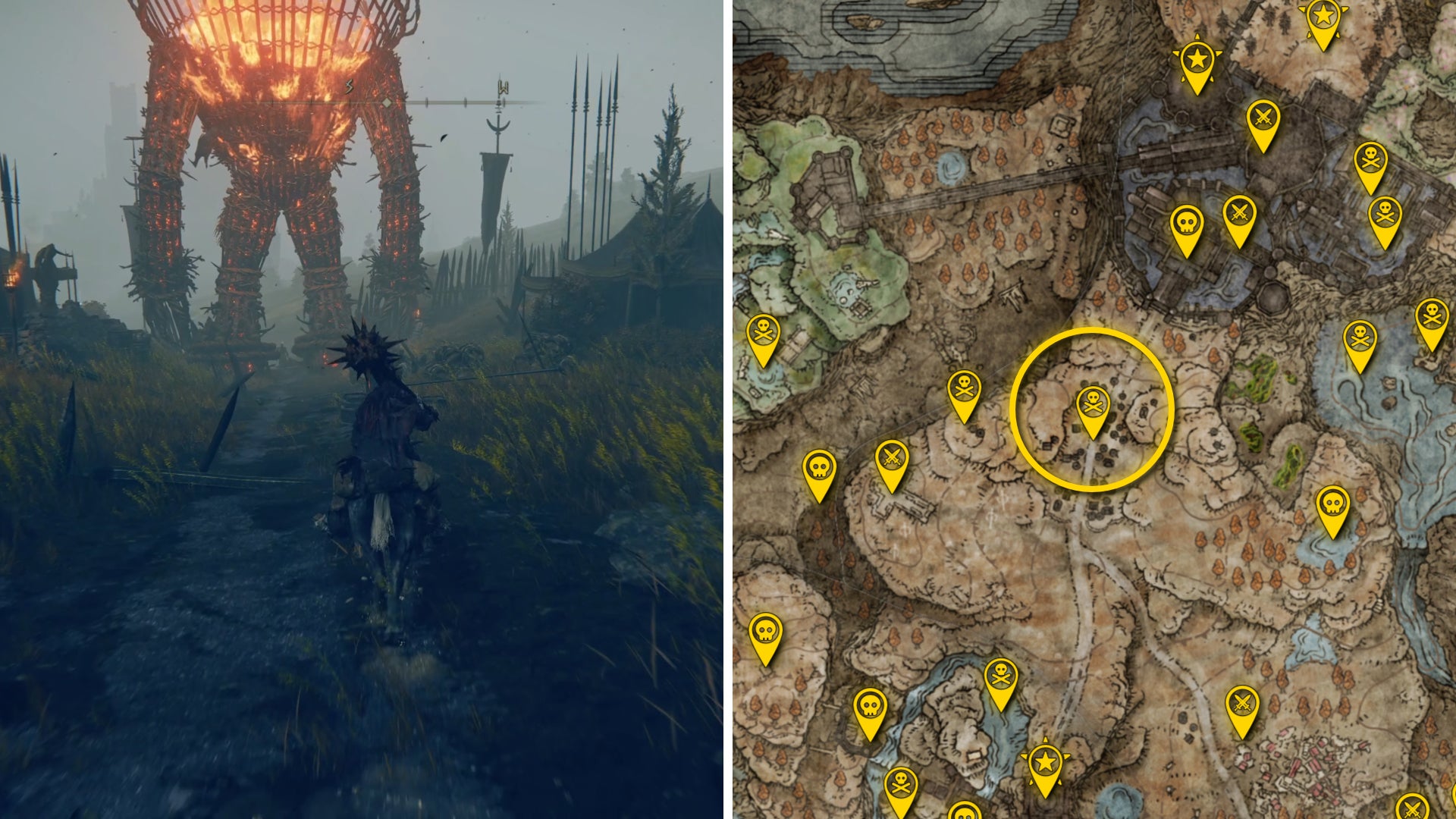 Two Elden Ring: Shadow Of The Erdtree screenshots side by side. Left: a screenshot of the player fighting the Furnace Golem boss. Right: the location of that boss on the map. - 31