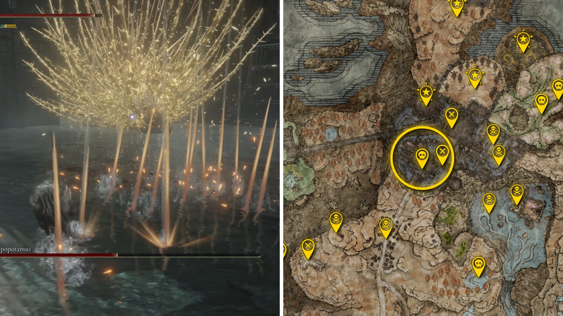 Two Elden Ring: Shadow Of The Erdtree screenshots side by side. Left: a screenshot of the player fighting the Golden Hippopotamus boss. Right: the location of that boss on the map. - 63