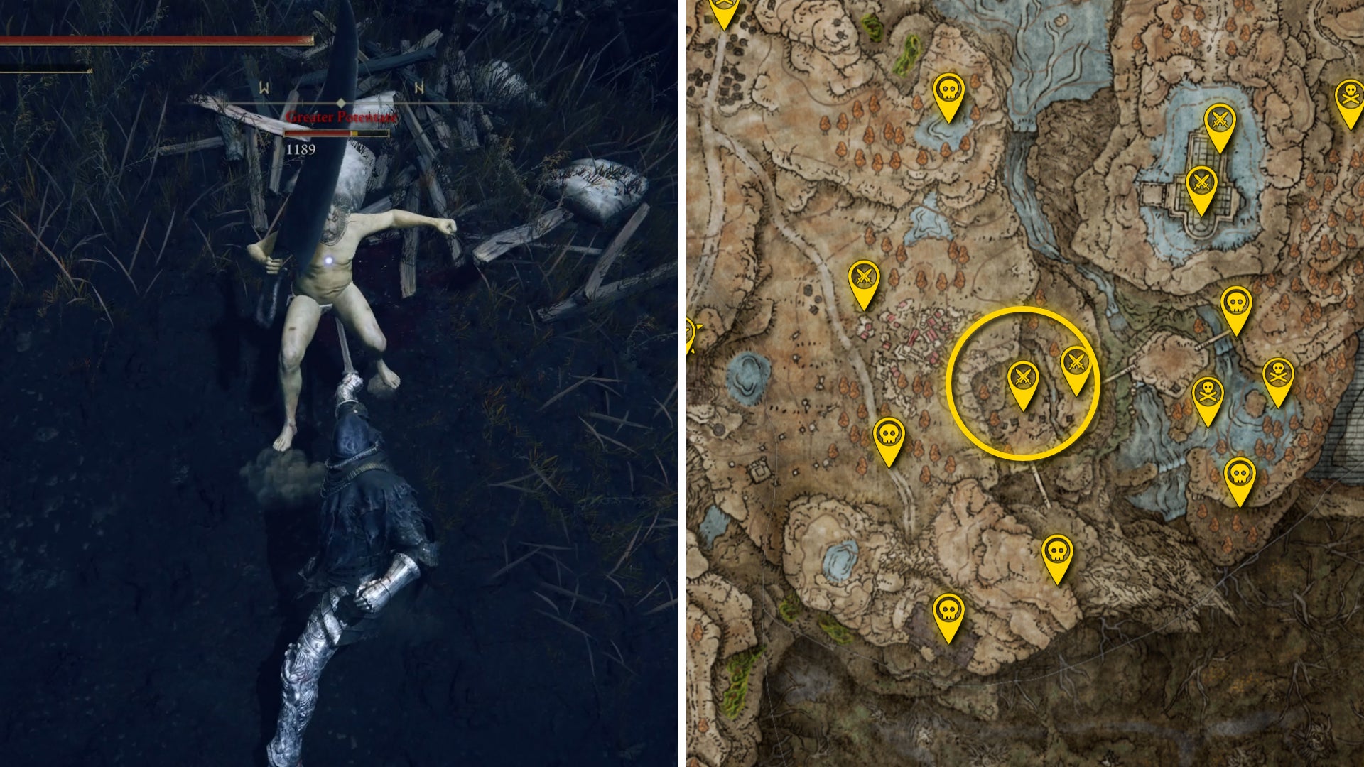 Two Elden Ring: Shadow Of The Erdtree screenshots side by side. Left: a screenshot of the player fighting the Greater Potentate boss. Right: the location of that boss on the map. - 37