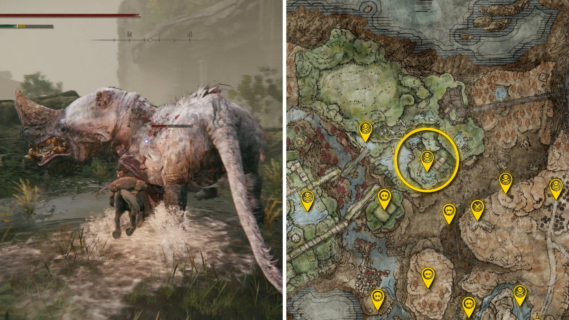 Two Elden Ring: Shadow Of The Erdtree screenshots side by side. Left: a screenshot of the player fighting the Hippopotamus boss. Right: the location of that boss on the map. - 95